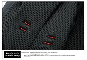 Close-up of padded mesh shoulder straps with breathable honeycomb fabric and red stitching