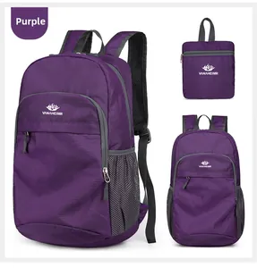 Detailed view of a purple foldable lightweight backpack showing front and folded state