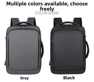 Detailed view of grey and black business backpacks with side USB charging port features