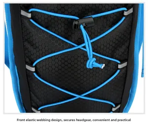 Close-up of front blue elastic cord system and reflective hooks on cycling backpack