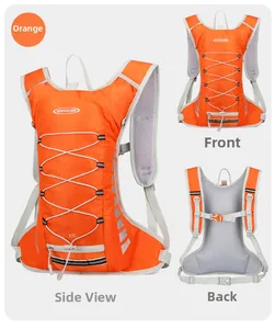 Layout a tre viste dello zaino da ciclismo arancione 12L con rete traspirante e riflettenti