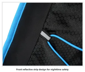Detail view of the front reflective strip on the black and blue cycling backpack