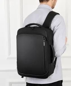 Side view of a black matte professional laptop backpack with water-resistant coating