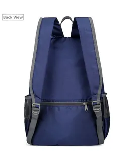 Rear view of deep blue nylon backpack showing adjustable straps and mesh side pockets