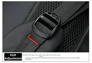 Detail of adjustable PVP buckle on black waterproof hiking backpack with breathable mesh