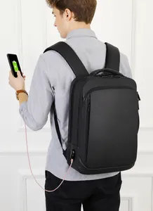 Detailed view of business backpack with external USB port and waterproof fabric