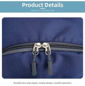 Detail view of durable blue checkered fabric with high-quality dual metal zippers and pulls