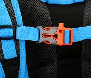 Detail of emergency survival buckle and breathable mesh straps on the cycling backpack