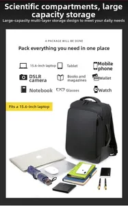 Detail view of large capacity business backpack fitting a 15.6 inch laptop and accessories