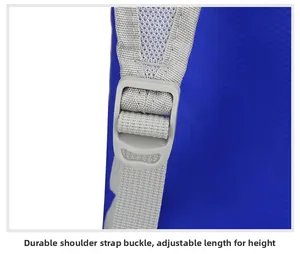 Detail of adjustable strap with durable plastic buckle on blue checkered outdoor backpack