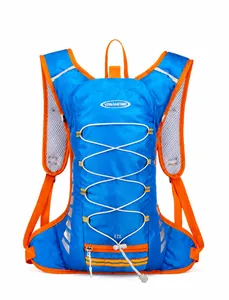 Close-up of blue 12L outdoor cycling backpack with breathable mesh and orange piping detail