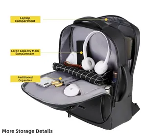 Detail view of business backpack interior showing padded laptop sleeve and multi-pockets
