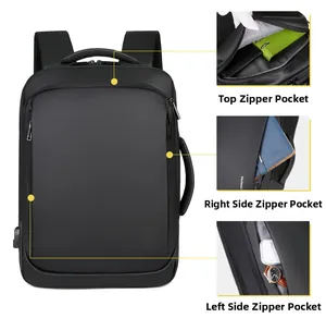 Detail view of black business backpack showing top and side zipper storage pockets