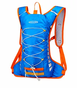 Detail view of 12L blue cycling backpack with breathable mesh straps and elastic cords