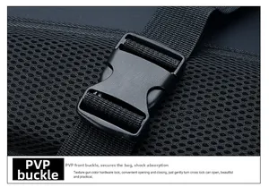 Detail of PVP front buckle and breathable mesh fabric on waterproof outdoor backpack straps