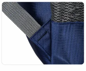 Detail of reinforced bartack stitching on the navy foldable outdoor backpack straps