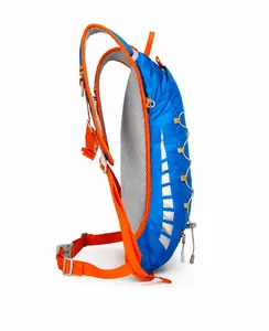 Detail of blue outdoor cycling backpack with breathable mesh back and orange straps