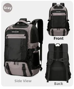 Three-view layout of grey insulated backpack with padded straps and mesh side pockets