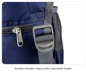 Detail of blue backpack showing adjustable buckle and grid nylon fabric texture