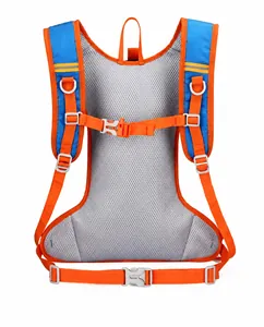 Detail view of the breathable mesh back panel and adjustable strap system on cycling backpack