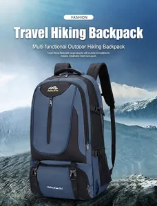 Detail of 85L large capacity blue hiking backpack with side straps and durable mesh pockets
