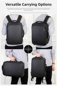 Detailed view showing four carry modes of a black waterproof business laptop backpack