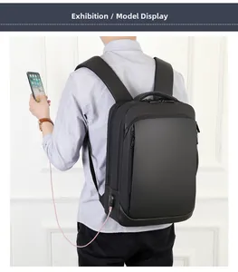 Business laptop backpack featuring an external USB port for mobile device charging