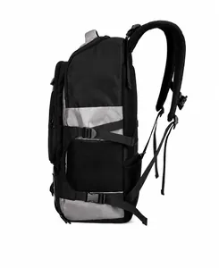 Detail of adjustable compression straps and breathable mesh shoulder pads on backpack
