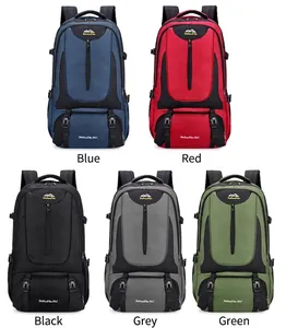 Detail view of 35L outdoor backpacks in blue, red, black, grey, and green colors