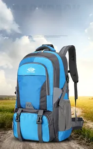 Detail view of the breathable honeycomb mesh back panel on a blue hiking backpack