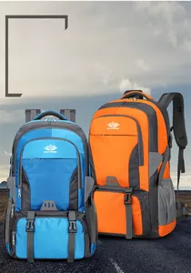 Detail of blue and orange hiking backpacks with multi-layer zippers and waterproof fabric