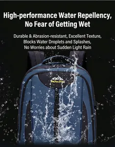 Detailed view of dark blue waterproof nylon backpack fabric with splashing water effects