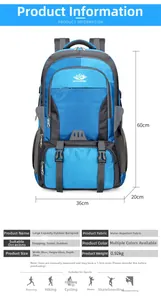 Detailed dimensions of blue and black waterproof outdoor hiking backpack 36x60x20cm