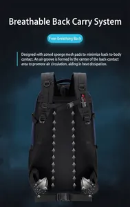 Detail view of breathable padded back panel with airflow channels on outdoor backpack