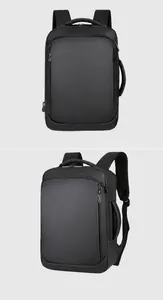 Detail of waterproof business backpack showing external USB port and side handle design