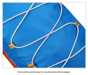 Dettaglio dello zaino da esterno in nylon ripstop blu con inserti in corda riflettente