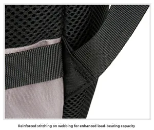 Close-up of reinforced bartack stitching on durable mesh and grey tear-resistant fabric