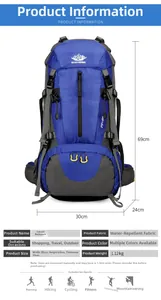 Detail view of 80L blue outdoor backpack with dimensions 30x69x24cm and 1.12kg weight