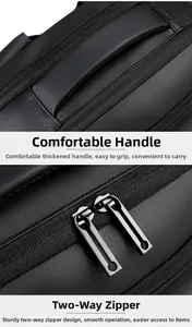 Detail view of the thickened comfort handle and sturdy dual metal zippers on black backpack