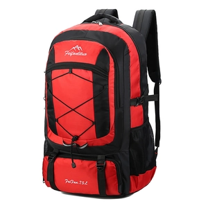 75L outdoor hiking backpack in red and black waterproof nylon for camping and trekking