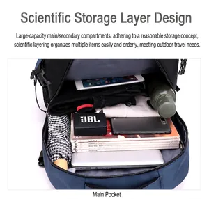 Macro view of travel backpack internal layout showing spacious compartments and storage