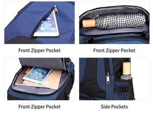 Detail of front zipper compartments and elastic side pockets of the blue travel backpack