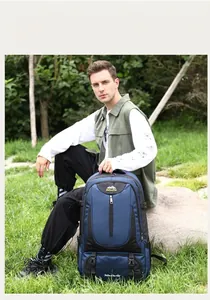 Detail view of water-resistant 35L outdoor backpack with front zipper and buckle straps