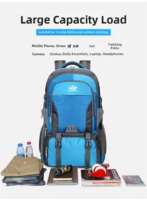 Detail showing high-capacity blue hiking backpack with organized travel essentials layout