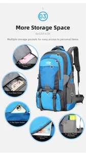 Detailed breakdown of storage layers for this professional blue hiking backpack