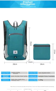 Detailansicht faltbarer blauer Reiserucksack mit Maßen und wasserabweisendem Material