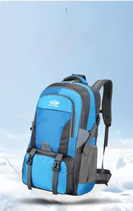 Detail of blue outdoor hiking backpack showing lightweight fabric and chest straps