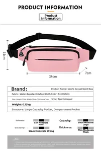 Marsupio rosa impermeabile in tela, dimensioni 34x11x7cm e foro per cuffie