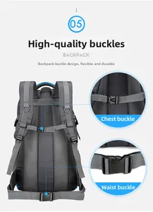 Detail of hiking backpack breathable mesh back panel and adjustable chest waist buckles