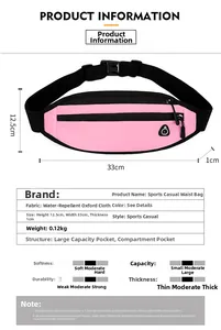 Detalle de la riñonera rosa de oxford impermeable con dimensiones y tabla técnica
